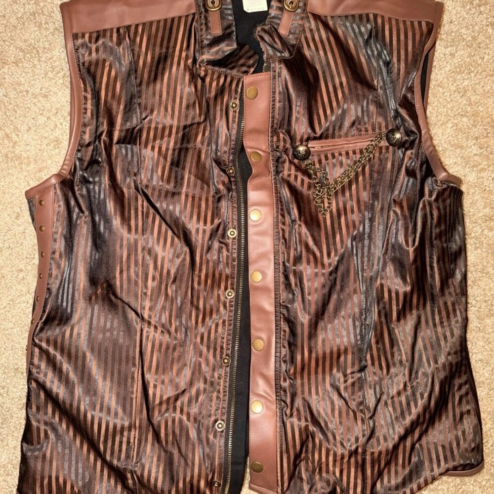 Spirit Halloween Steampunk Vest XL Brown Striped Faux Leather Buckles Chain